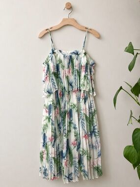 OHS Clothing Tropical Floral Pleated Chiffon Mini Dress Women’s Size Large NWT